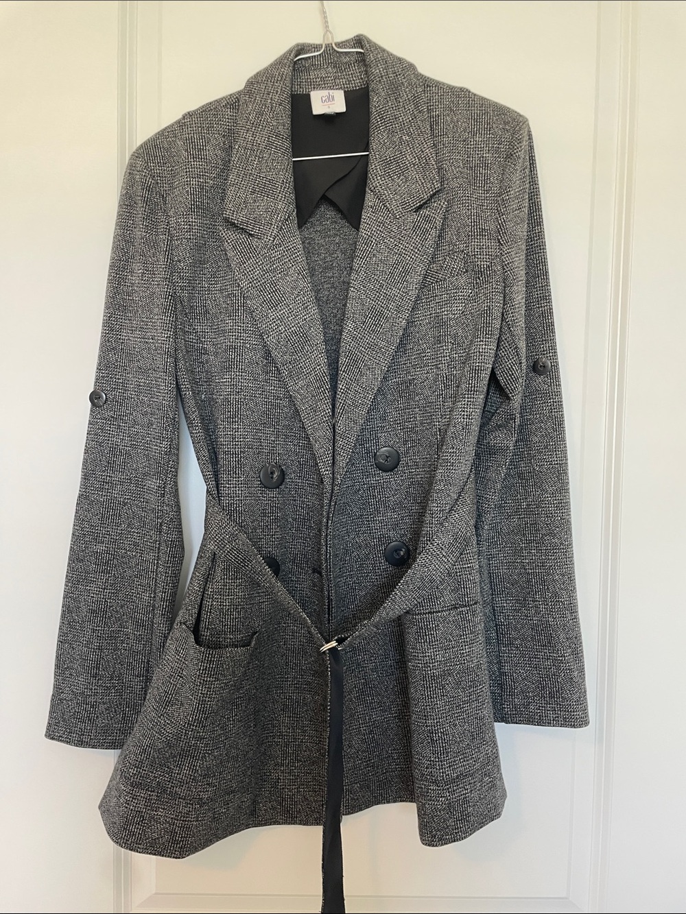 CAbi Gray Double-Breasted Textured Belted Blazer